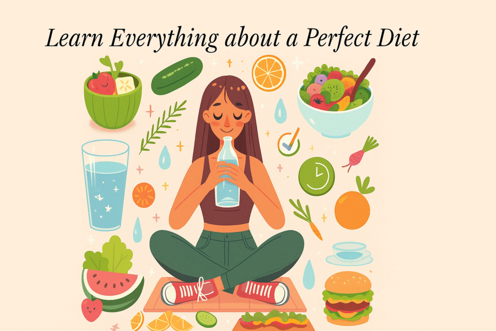 The image depicts a girl with different eating options wondering which should be included in her next meal