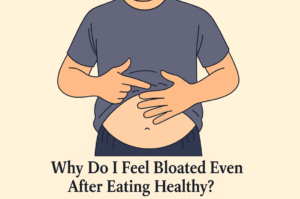 Image depicts a guy moving hands over his bloated abdomen