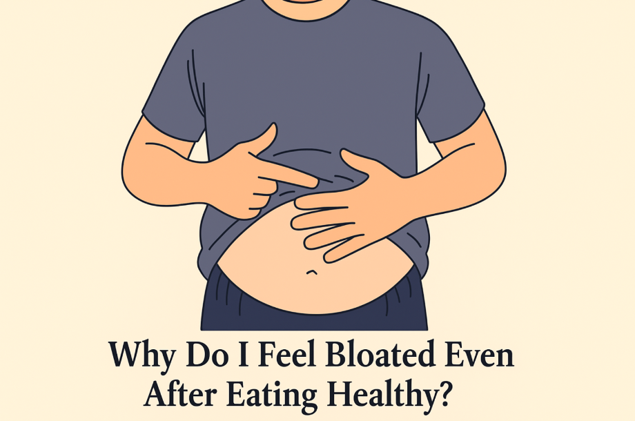 Image depicts a guy moving hands over his bloated abdomen